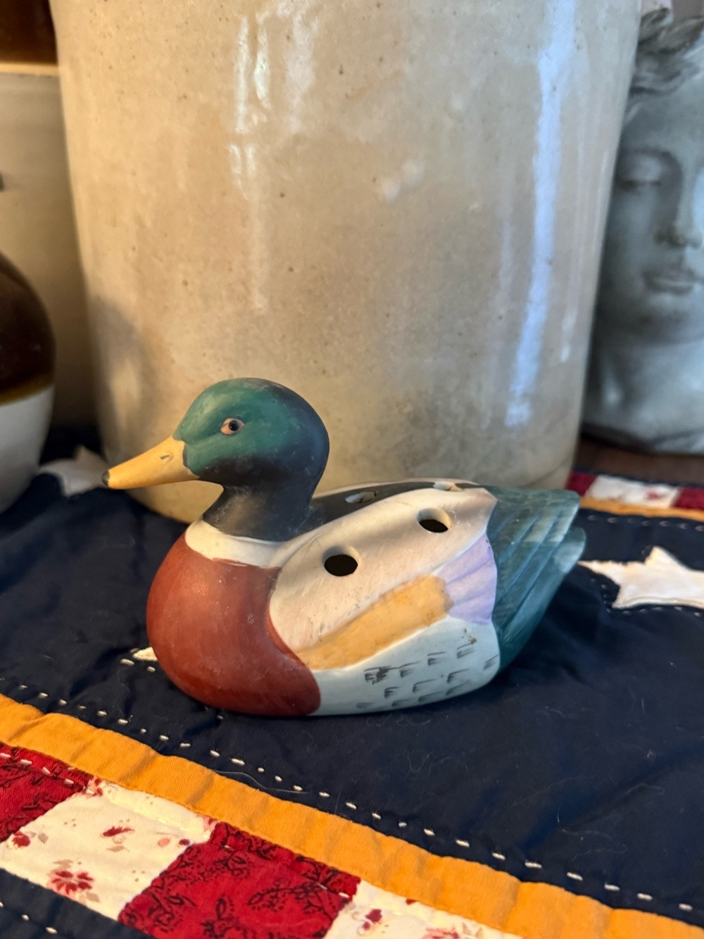 Vintage little mallard duck ceramic pen pencil holder or flower frog home decor.